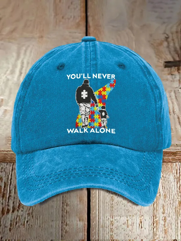 Retro Autism Awareness Dad And Son You'Ll Never Walk Alone Print Baseball Cap