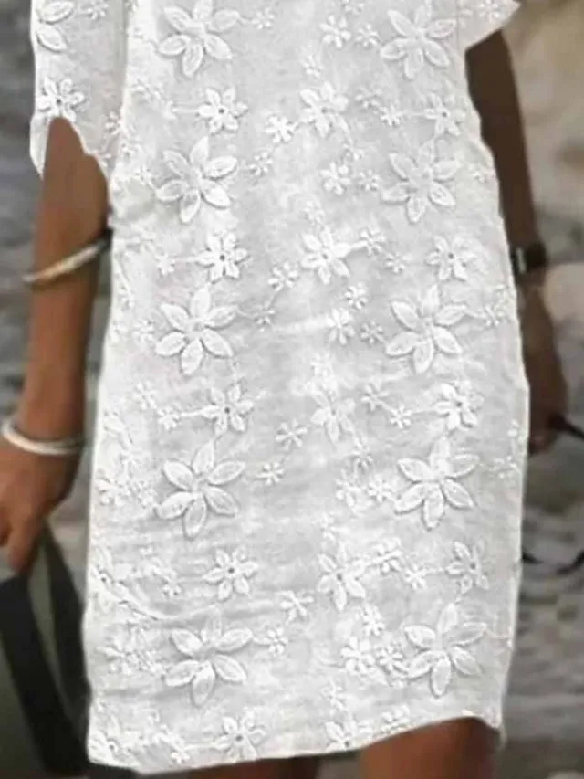 Women's Casual Dress Cotton Linen Dress Midi Dress Polyester Modern Casual Daily Vacation Crew Neck Lace Print Half Sleeve Summer Spring Fall 2023 Regular Fit White Floral S M L XL 2XL