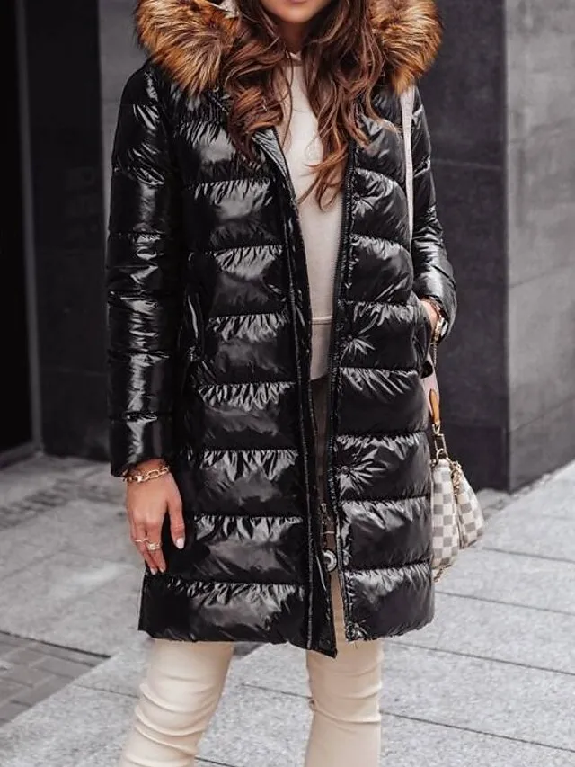 Women's Winter Jacket Winter Coat Parka Windproof Warm Outdoor Street Daily Vacation Zipper Pocket Fur Collar Zipper Hoodie Fashion Casual Street Style Solid Color Regular Fit Outerwear Long Sleeve