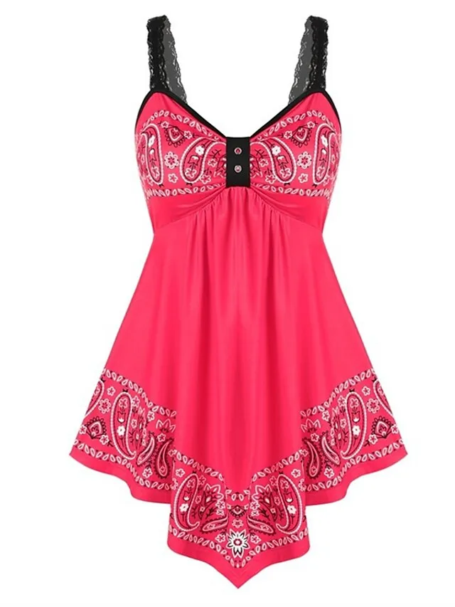 Women's Plus Size Camisole Summer Tops Cotton Floral Black White Red Lace Ruched Backless Sleeveless Daily Back to School Going out Streetwear V Neck Regular Fit Summer Spring