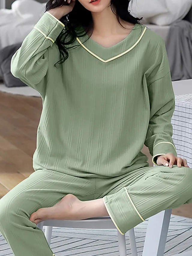 Women's Pajamas Nighty Pjs Sets 2 Pieces Pure Color Fashion Simple Comfort Home Daily Bed Cotton Breathable Gift V Wire Long Sleeve Pant Elastic Waist Basic Spring Fall Black Light Green