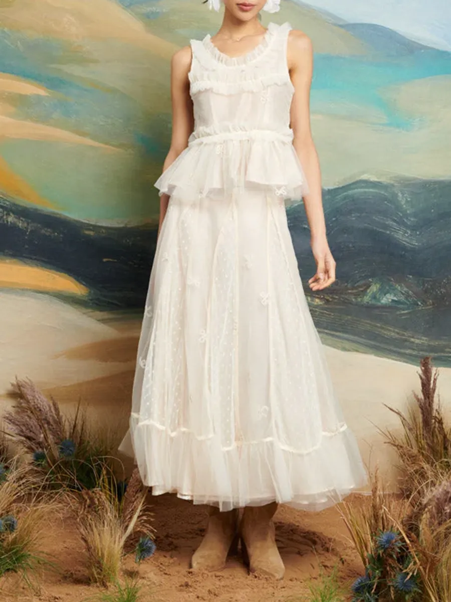 Casual Crew Neck Tulle Ruffle Top