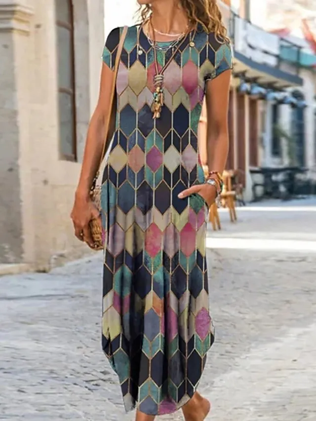 Women's Casual Dress Ethnic Dress Shift Dress Long Dress Maxi Dress Black Pink Wine Short Sleeve Floral Print Spring Summer Crew Neck Vintage Daily Vacation Weekend 2023 S M L XL XXL 3XL