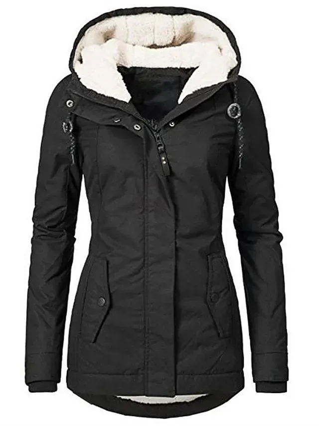 Women's Parka Fleece Lined Puffer Jacket Waterproof Windproof Winter Coat Fall Zipper Hooded Heated Jacket with Pocket Minimalism Outerwear Long Sleeve Black Army