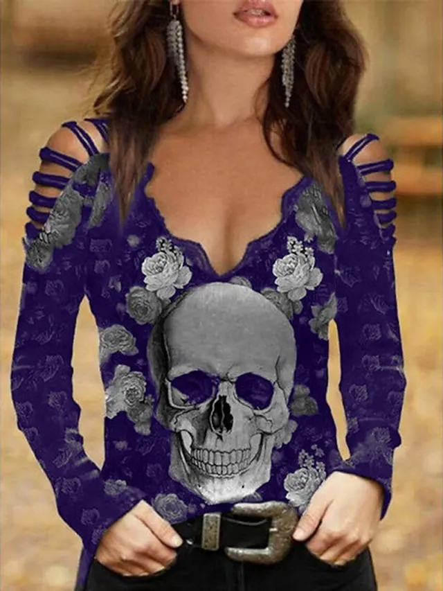 Women's Going Out Tops Burgundy Tee Halloween Shirt Blouse Black Wine Blue Floral Skull Cut Out Print Long Sleeve Halloween Casual Weekend Basic Off Shoulder V Neck Regular Fit Floral Painting Cold