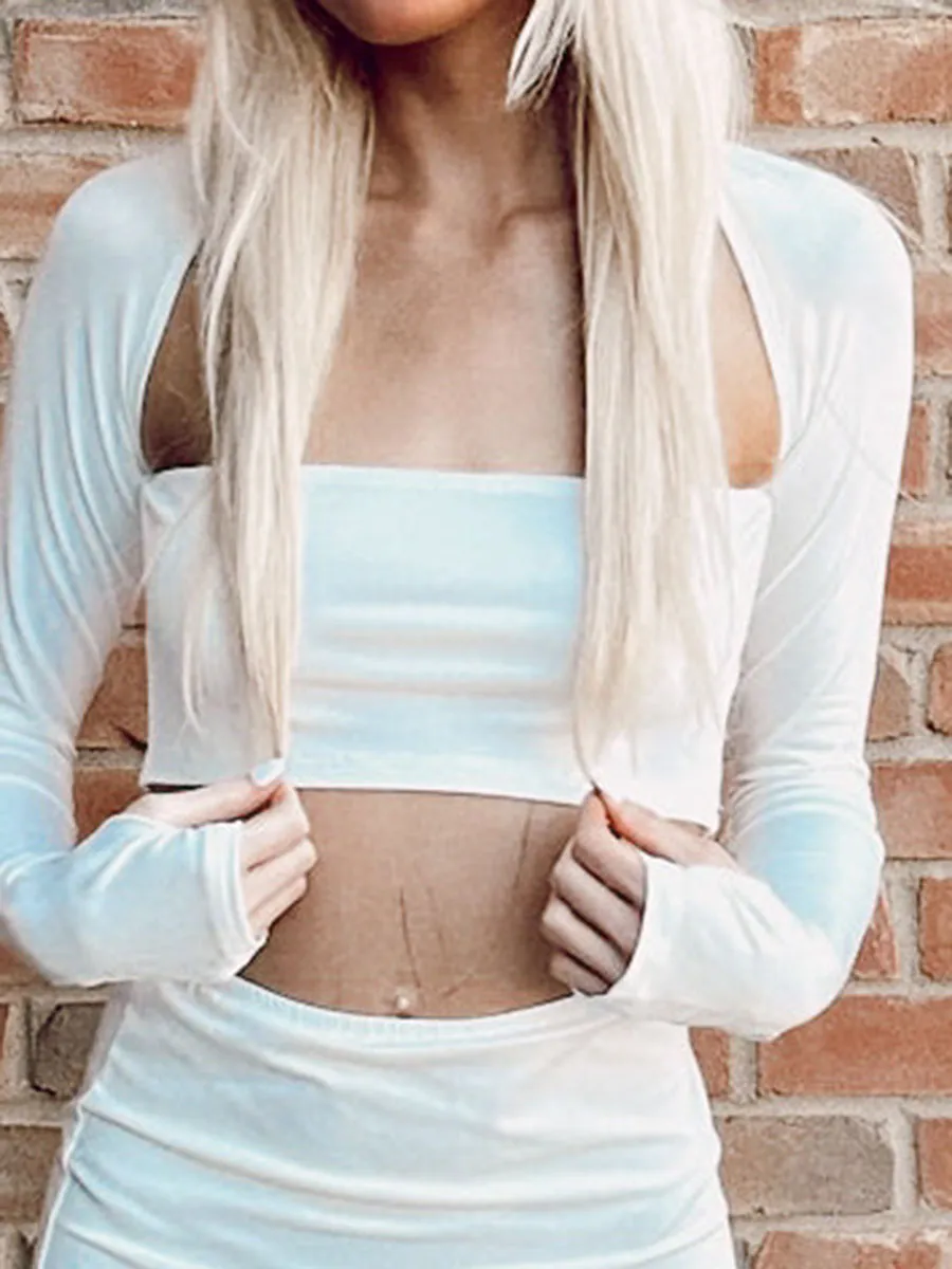 White Long Sleeve Crop and Mini Skirt Set