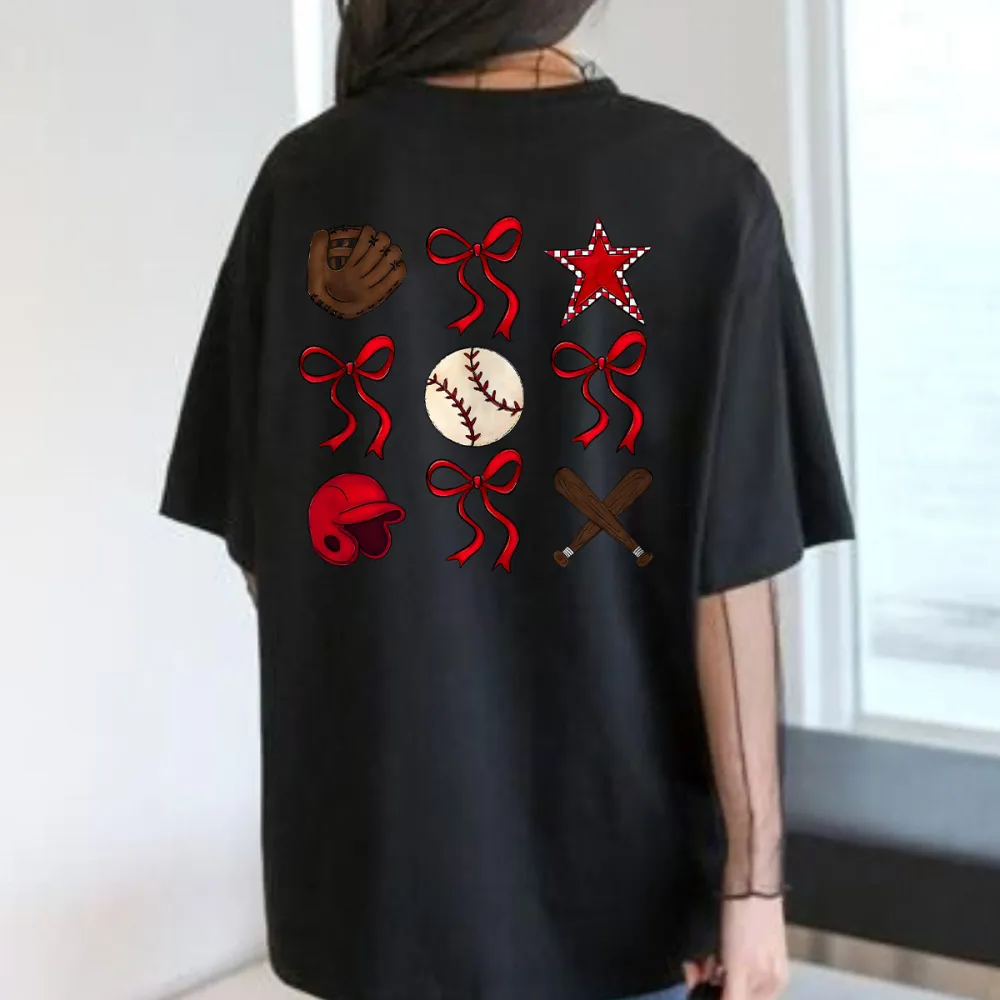 Baseball Gloves, Baseballs, Red Baseball Caps, Crossed Baseball Bats, Red Stars, And Multiple Red Bow Tie Combination Patterns, And Casual T-Shirts.