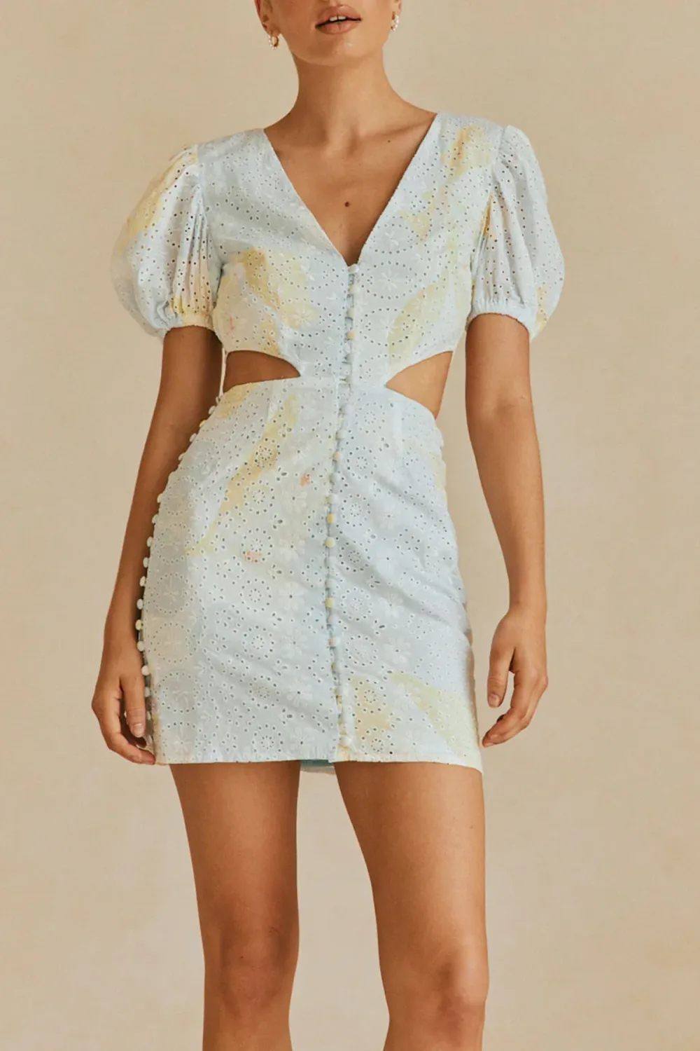 V Neck Puff Sleeve Cut Out Mini Dress