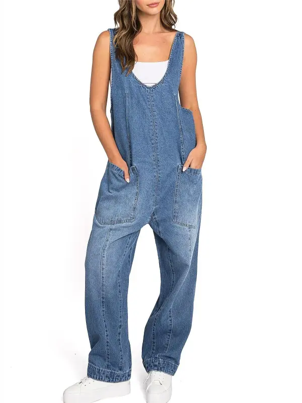 Wide Strap Denim Jumpsuit