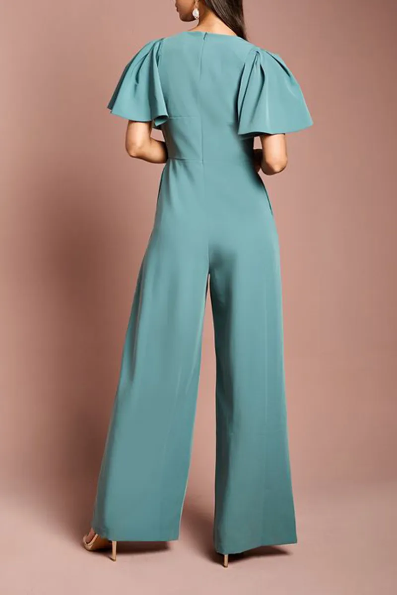 Casual Style Flutter Sleeve Plunge Jumpsuit