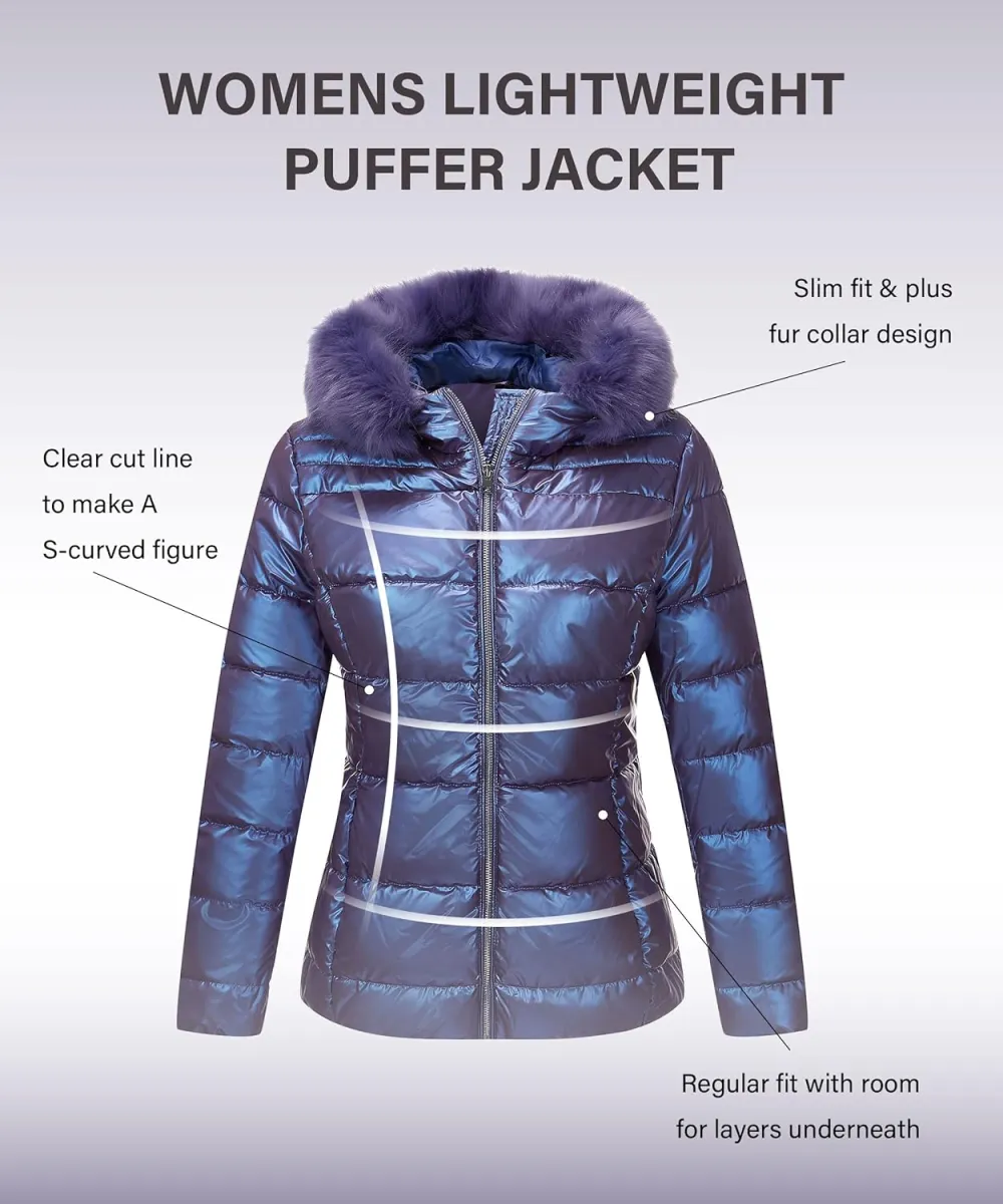 Womens Lightweight Puffer Jacket, Winter Coats for Women Warm Quilted Bubble Padded Hood Coat with Faux Fur Collar