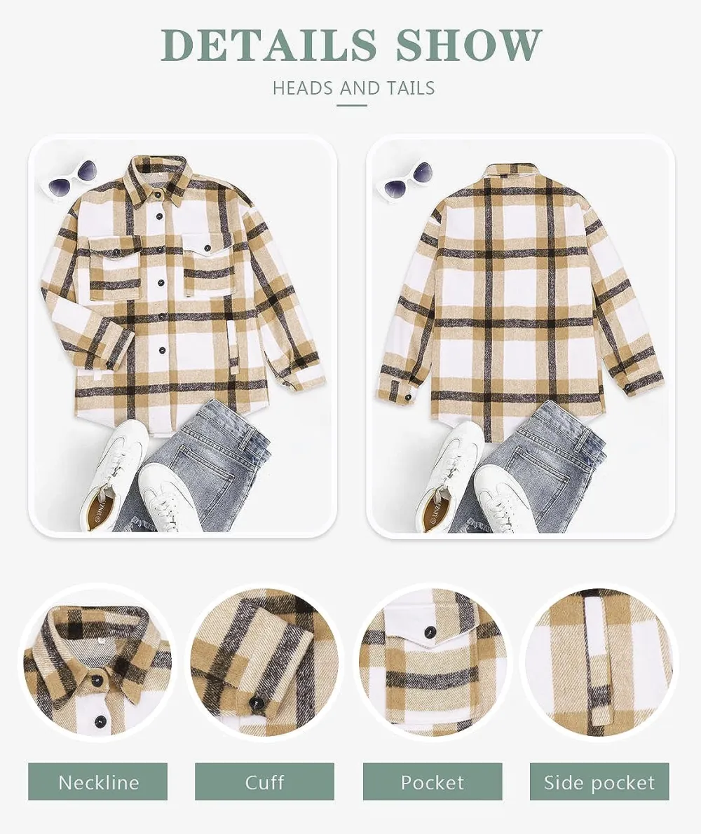 Women's Flannel Plaid Shacket Long Sleeve Button Down Chest Pocketed Shirts Jacket Coats