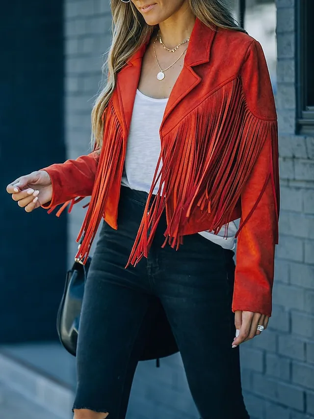Women's Casual Jacket Going out Fall Tassel Fringe Rusty Regular Coat Regular Fit Breathable Bohemian Style Jacket Long Sleeve Solid ColorWhite Black