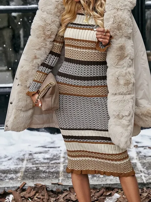 Women's Sweater Dress Jumper Dress Winter Dress Midi Dress Knitwear Daily Casual Stripe Outdoor Casual Daily Holiday Crew Neck Long Sleeve 2023 Regular Fit Beige One Size