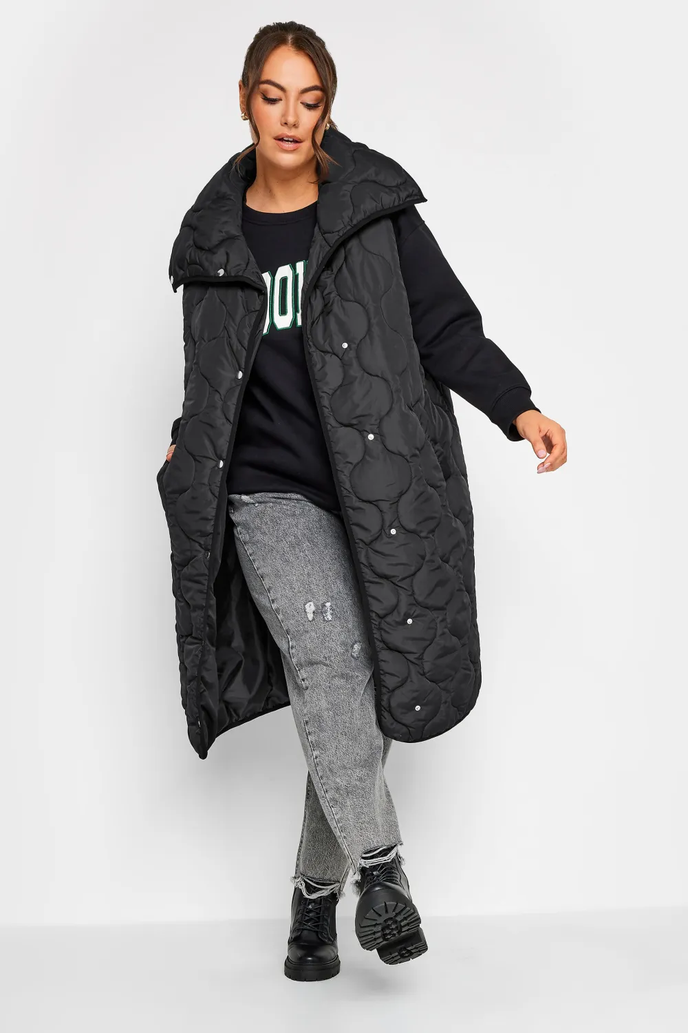YOURS Curve Black Funnel Neck Quilted Longline Gilet