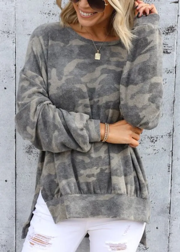 Crew neck camouflage print long sleeve sweater