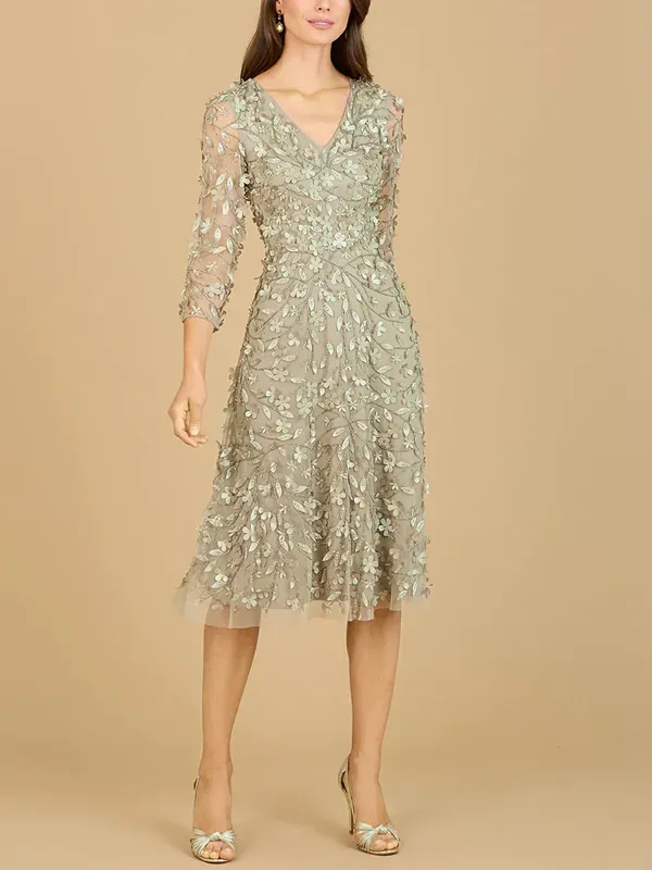 V-neck Long-sleeve Flower Midi Dress