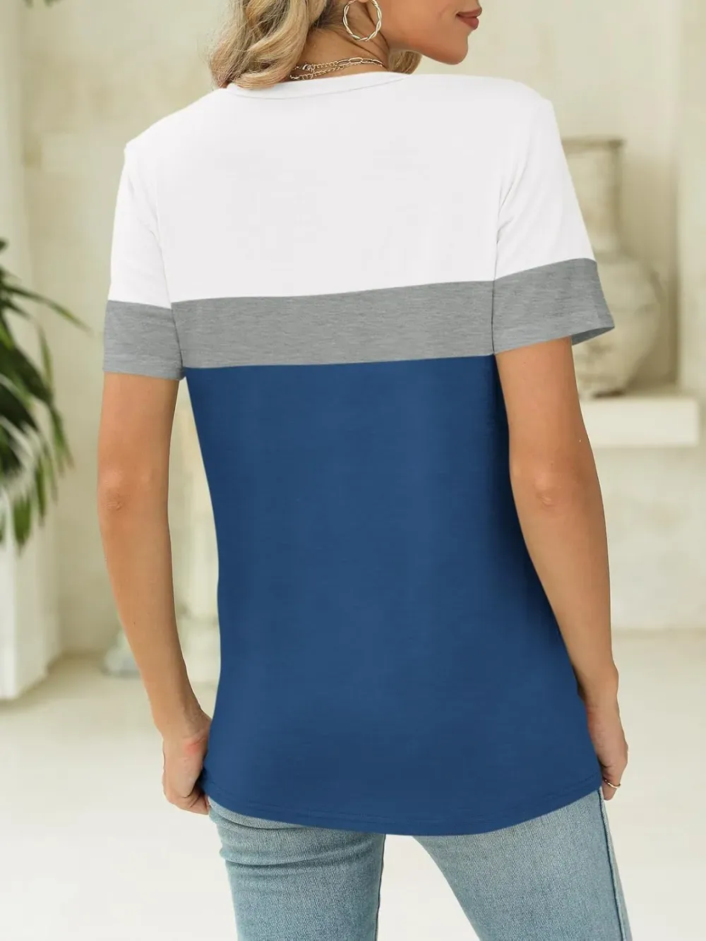 ORANDESIGNE Women's Color Block Short Sleeve T Shirts Casual V Neck Summer Tops Tees Loose Fit Blouses