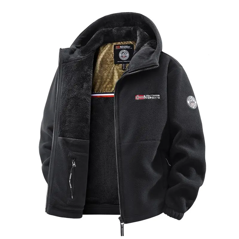 Men'S Outdoor Heavyweight Fleece Jacket - Double-Sided Warm Hooded Coat With Full Zip, Multi Pockets & Machine Washable Polyester For Camping Hiking Casual Wear