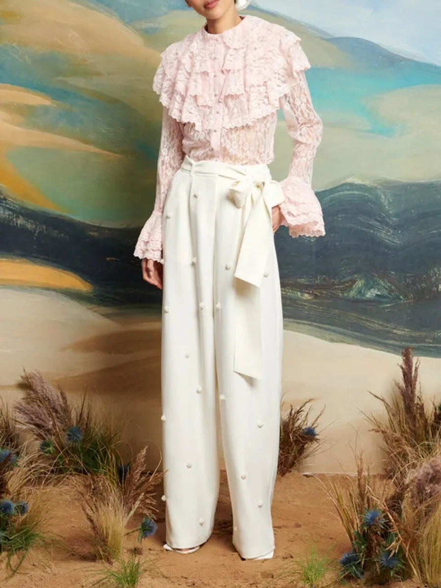 Casual Wide-Leg Pearl Trousers