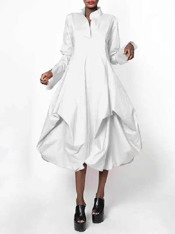 Stylish Loose Stand-Collar Long Sleeves Midi Dress