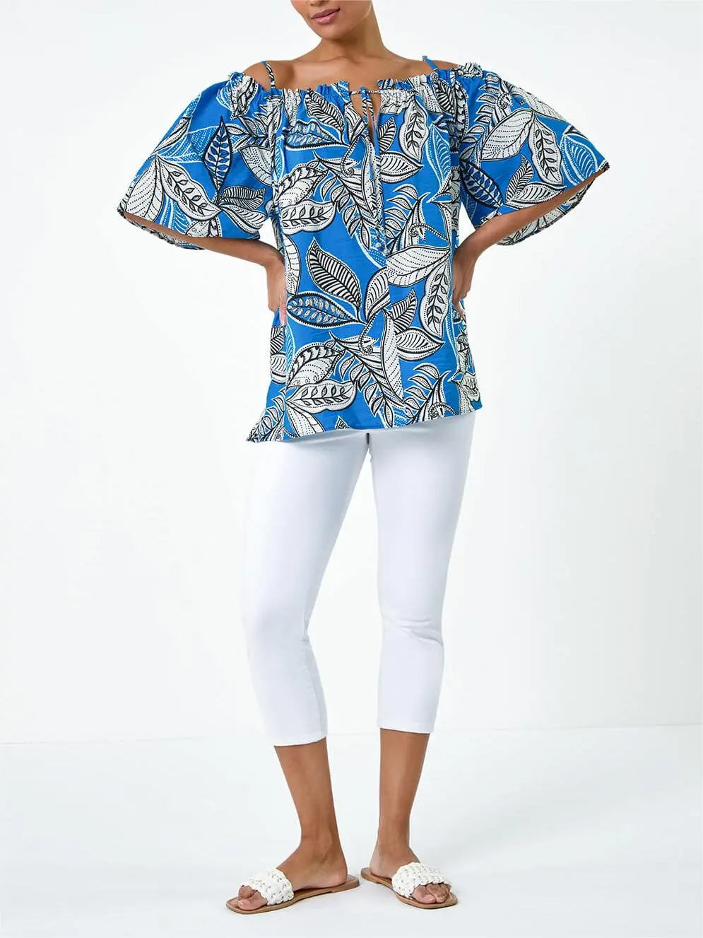 Blue Floral Off-The-Shoulder Stretch Top