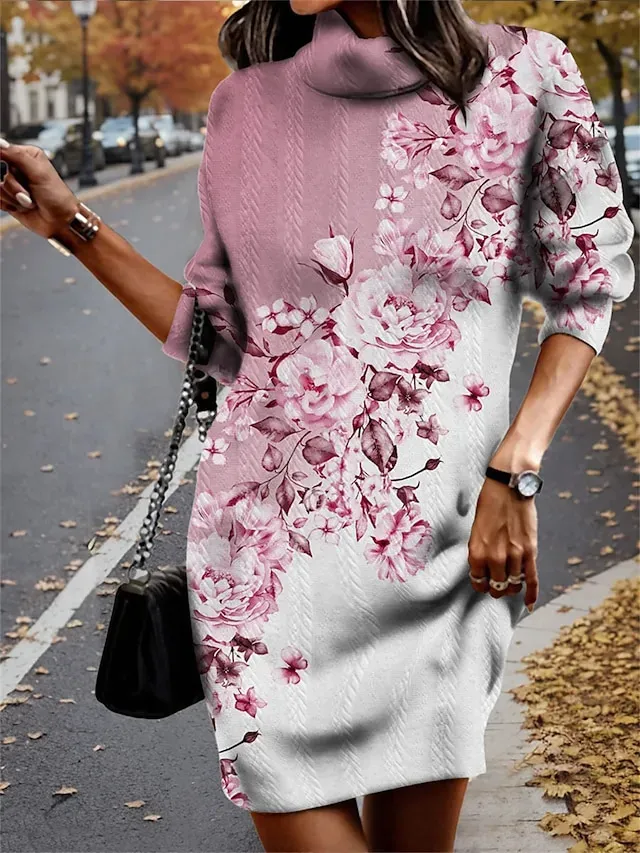Women's Sweater Dress Jumper Dress Winter Dress Mini Dress Knitwear Warm Fashion Ombre Floral Outdoor Casual Daily Vacation Turtleneck Long Sleeve 2023 Loose Fit Yellow Blue Purple S M L XL XXL 3XL