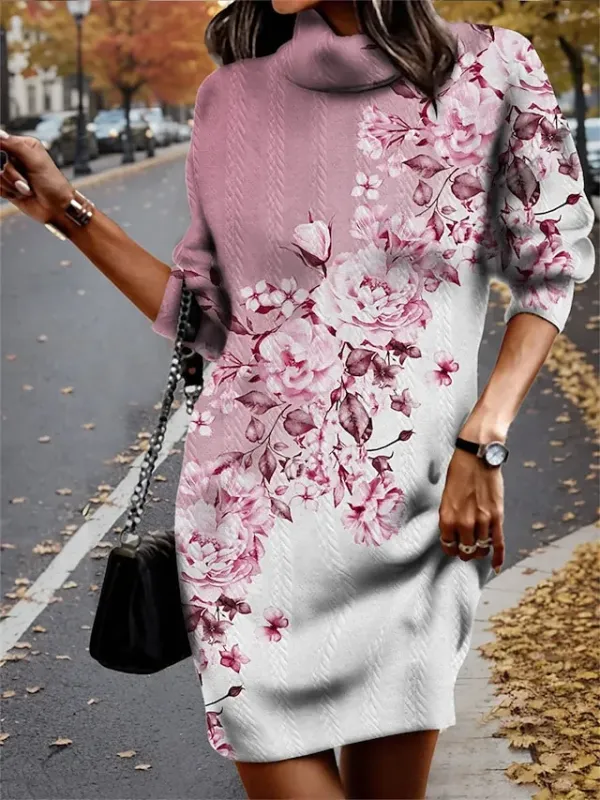 Women's Sweater Dress Jumper Dress Winter Dress Mini Dress Knitwear Warm Fashion Ombre Floral Outdoor Casual Daily Vacation Turtleneck Long Sleeve 2023 Loose Fit Yellow Blue Purple S M L XL XXL 3XL