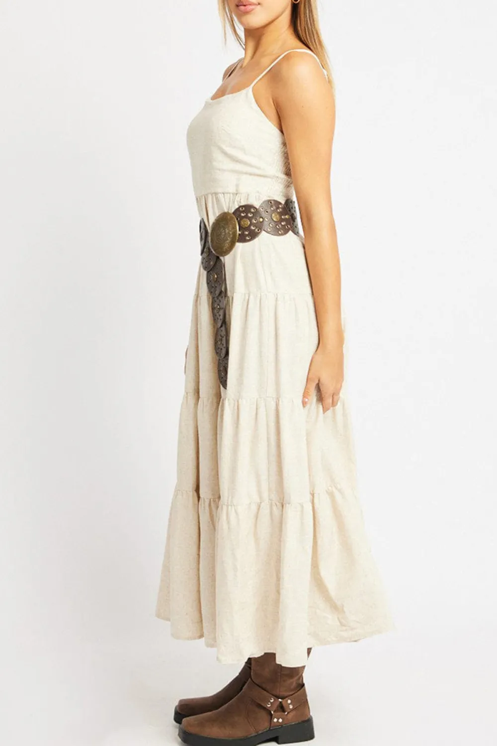 Beige Midi Dress Tiered Strappy