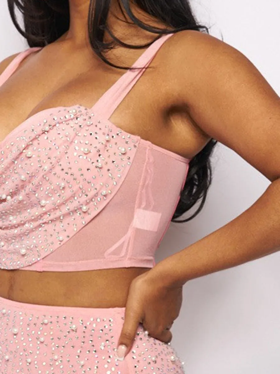 Pink Embellished Bra Top and Mini Skirt Set