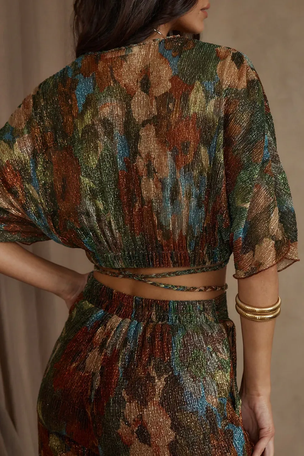 Multicolor Metallic Floral Crop Top