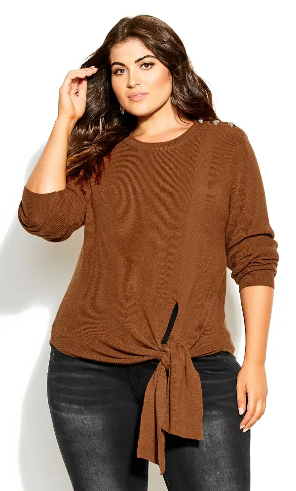 Evans Brown Tie Front Gold Button Jumper