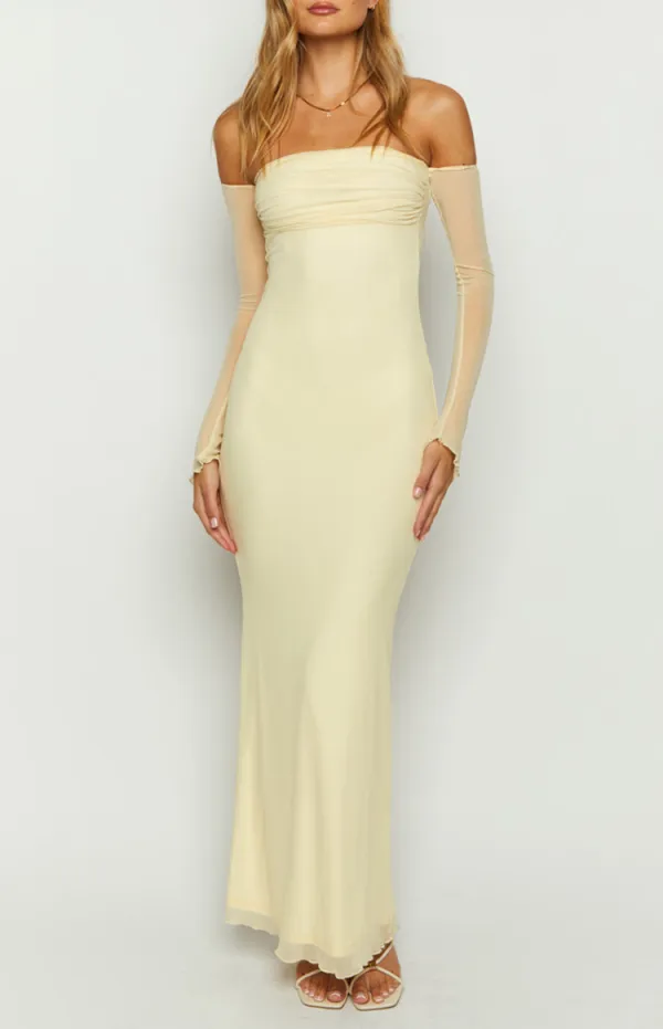 Off Shoulder Cream Long Sleeve Maxi Dress