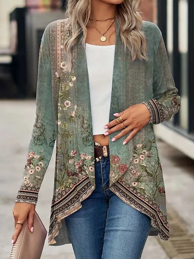 Women's Casual Jacket Outdoor Oversized Floral Print Breathable Loose Fit Outerwear Long Sleeve Spring Fall White Daily Street Vacation