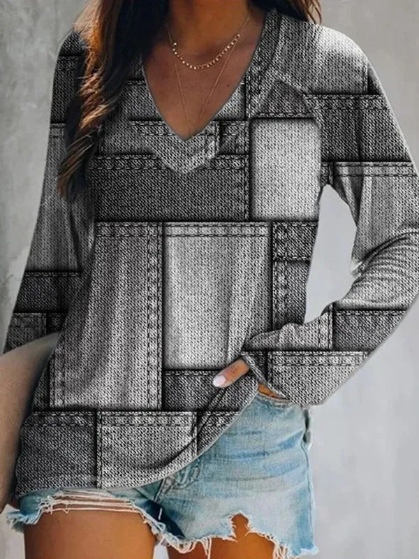 Printed Long Sleeve V Neck Casual Tunic T-Shirt