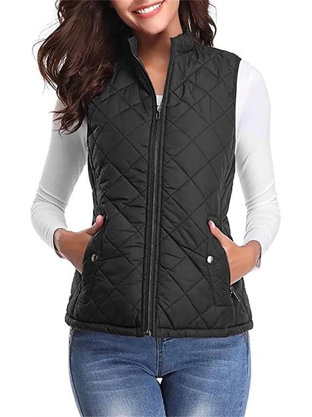 Women's Quilted Vest Crop Sleeveless Winter Coat Lightweight Puffer Gilet Warm Windproof Outerwear with Pockets Zip up Fall Street Casual Jacket Light Blue claret Sea Blue