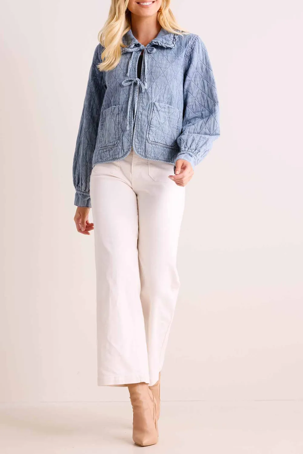 Light Blue Denim Tie-Front Pocketed Cropped Jacket