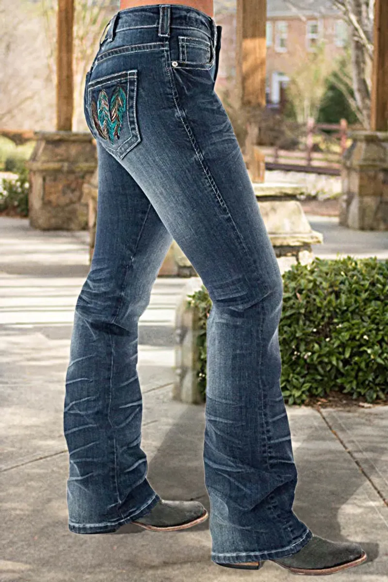 Mid Waist Pocket Straight Leg Jeans
