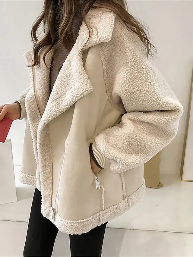 Women's Suede Sherpa Jacket Fall Fleece Shearling Jacket Winter Zipper Lapel Coat Windproof Warm Moto Biker Jacket Ice Cream Street Wear Button Modern Casual Outerwear Long Sleeve