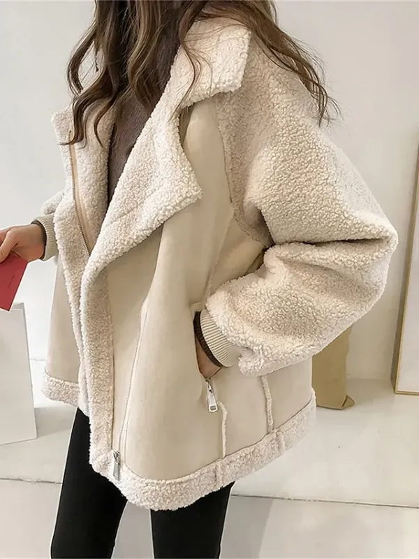 Women's Suede Sherpa Jacket Fall Fleece Shearling Jacket Winter Zipper Lapel Coat Windproof Warm Moto Biker Jacket Ice Cream Street Wear Button Modern Casual Outerwear Long Sleeve