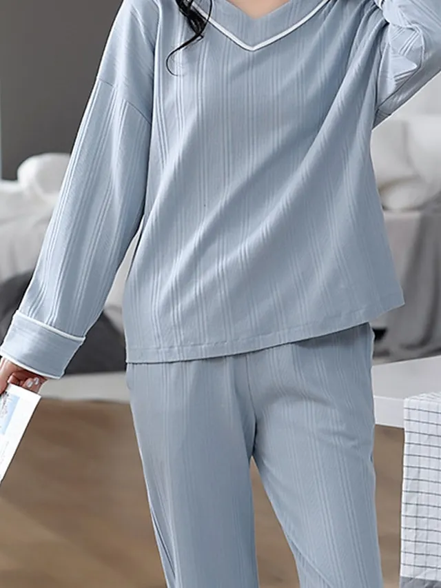 Women's Pajamas Nighty Pjs Sets 2 Pieces Pure Color Fashion Simple Comfort Home Daily Bed Cotton Breathable Gift V Wire Long Sleeve Pant Elastic Waist Basic Spring Fall Black Light Green