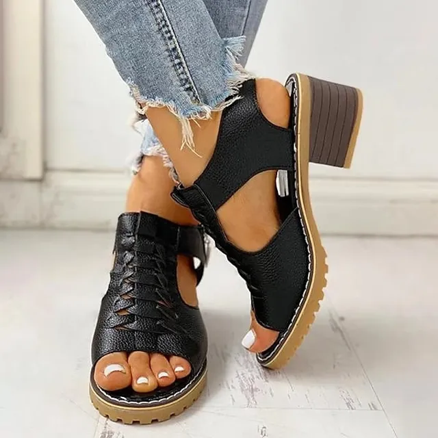 Women's Sandals Block Heel Sandals Daily Beach Summer Block Heel Low Heel Peep Toe Casual PU Leather PU Zipper Solid Color Solid Colored Black White Beige