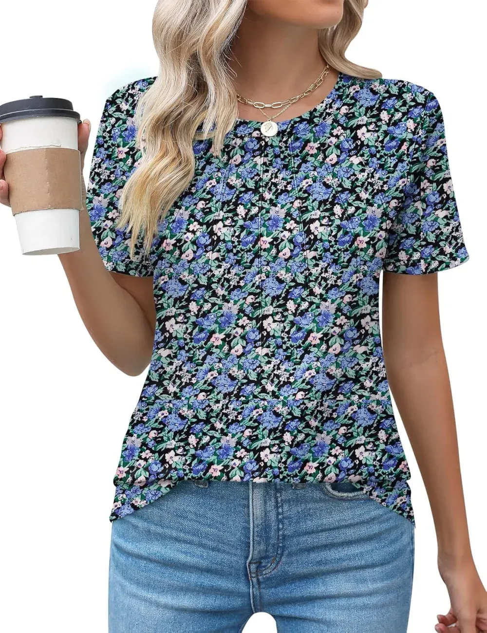 Kistore Womens Casual Crew Neck Short Sleeve Pleated Tops Blouses Fashion Clothes 2024