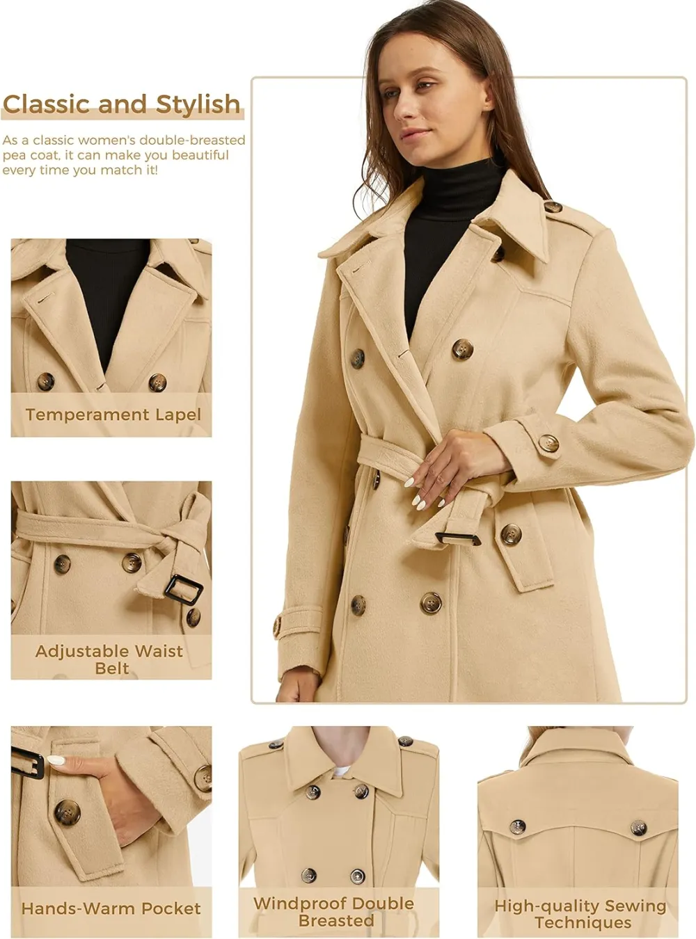 Women's Double Breasted Pea Coat Winter Mid-Long Trench Coat with Belt