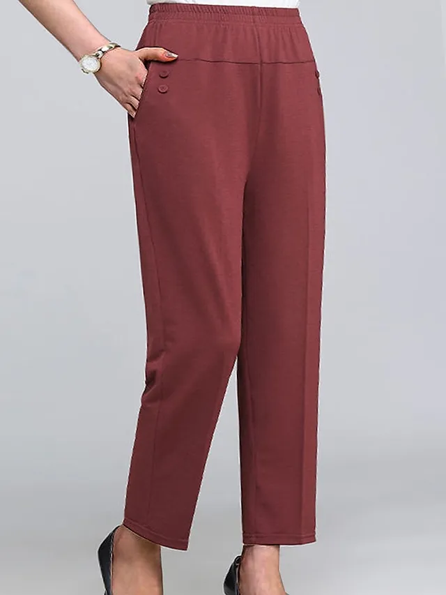 Women‘s Dress Work Pants Wine Almond Black High Waist Solid Color Buttons Fashion Streetwear Daily Wear Pocket Ankle-Length Comfort Plain M L XL 2XL 3XL