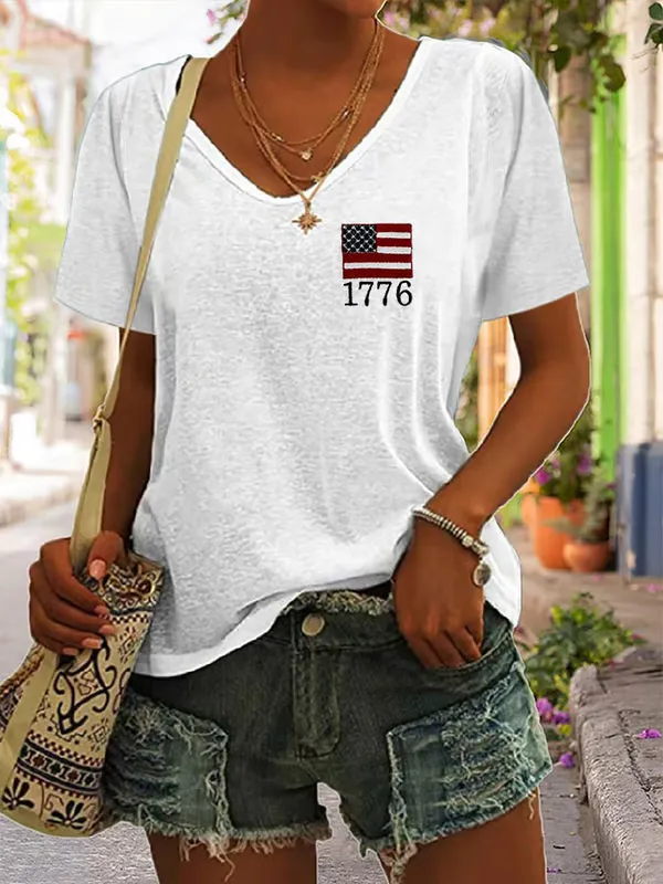 Women's Independence Day Flag Short Sleeves V-Neck Pure Cotton T-Shirt