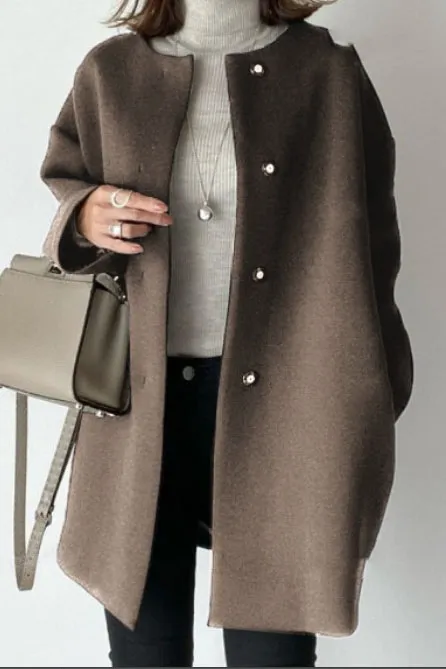 Elegant Solid Neckless Faux Woolen Coat