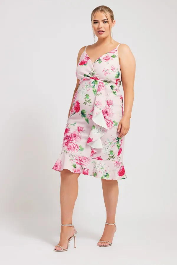 YOURS LONDON Curve Pink Floral Print Ruffle Midi Dress