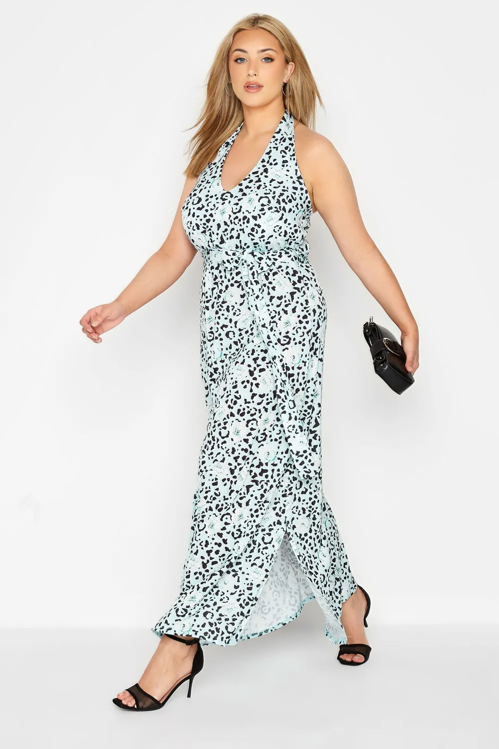 YOURS LONDON Curve Blue Leopard Print Halter Neck Maxi Dress