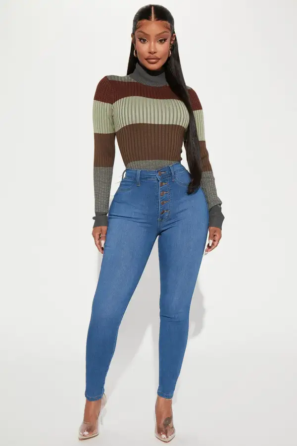 Kyra Mock Neck Ribbed Sweater - Grey/combo